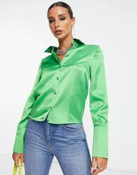 Зеленая приталенная атласная рубашка с длинными рукавами и глубокими манжетами Topshop