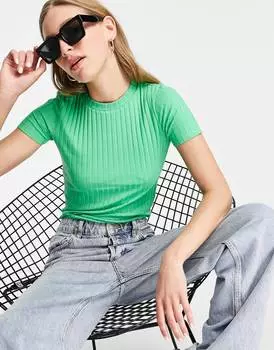Зеленая приталенная футболка в рубчик ASOS DESIGN