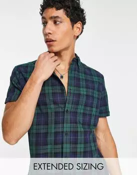 Зеленая приталенная рубашка в клетку стрейч с черными часами ASOS DESIGN