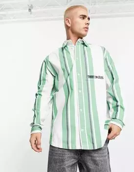 Зеленая рубашка оверсайз с длинными рукавами в полоску Tommy Jeans