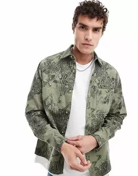 Зеленая рубашка с цветочным принтом и вельветовым воротником ASOS DESIGN