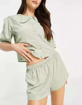 Зеленая рубашка с жаккардовым воротником и короткая пижама Topshop Spot