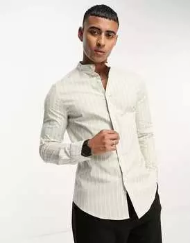 Зеленая рубашка скинни в полоску с дедушкиным воротником ASOS DESIGN