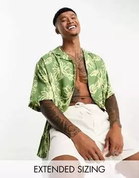 Зеленая рубашка свободного кроя ASOS с воротником с лацканами и эскизным принтом подсолнухов
