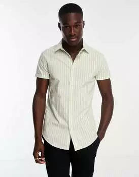 Зеленая рубашка узкого кроя в полоску с короткими рукавами ASOS DESIGN