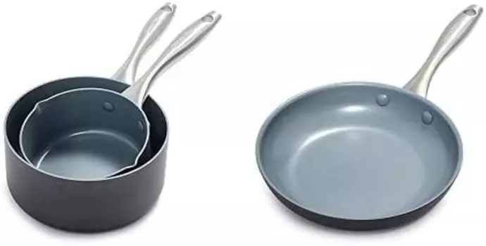 Зеленая Сковорода Lima 1QT и 2QT Набор керамических кастрюль с антипригарным покрытием, серый - и Lima 8-дюймовая керамическая открытая сковорода с антипригарным покрытием, серая - CW0002858 GreenPan, Gray
