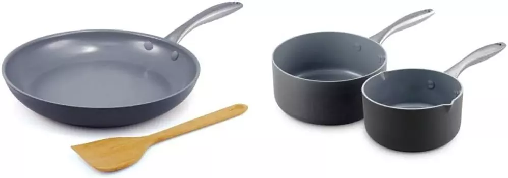 Зеленая Сковорода Lima Healthy с керамическим антипригарным покрытием, 10 дюймов, серый и набор керамических кастрюль с антипригарным покрытием Lima 1QT и 2QT, серый — GreenPan, Gray