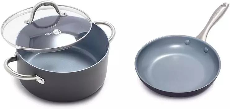 Зеленая Сковорода Lima с твердым анодированием, здоровая керамика с антипригарным покрытием, кастрюля 5QT с крышкой и набор сковород для сковород 8 дюймов, без ПФАС GreenPan