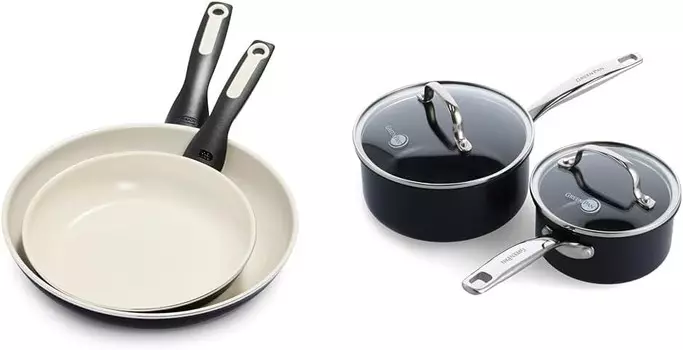 Зеленая Сковорода Rio 8 и 10 дюймов и набор кастрюль Chatham 1QT и 2QT с крышками, экологически безопасное керамическое антипригарное покрытие, без ПФАС GreenPan