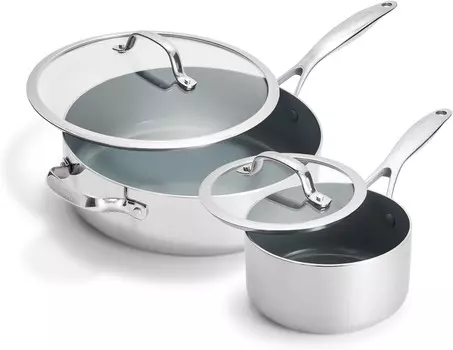 Зеленая Сковорода Valencia Pro, нержавеющая сталь, сотейник емкостью 5 кв. тонн с крышкой и кастрюля емкостью 1,5 кв. GreenPan, Stainless Steel