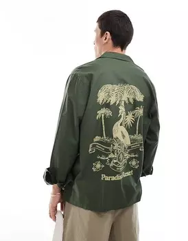 Зеленая свободная рубашка с воротником с лацканами и принтом на спине ASOS DESIGN