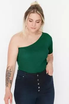 Зеленая трикотажная блузка на одно плечо в рубчик Trendyol, зеленый