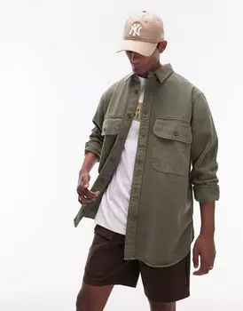 Зеленая твиловая рубашка оверсайз с длинными рукавами и двойными карманами Topman