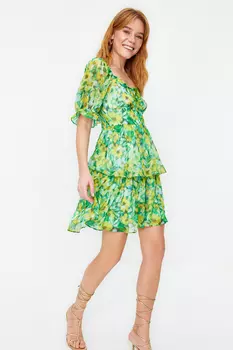 Зеленая юбка из шифона с воланами и цветочным узором TWOSS22EL2772 Trendyol, зеленый
