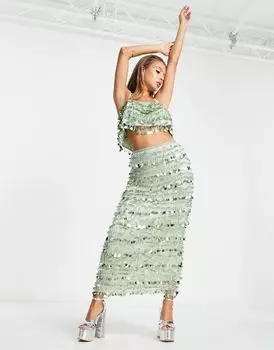 Зеленая юбка миди с пайетками и бахромой ASOS EDITION
