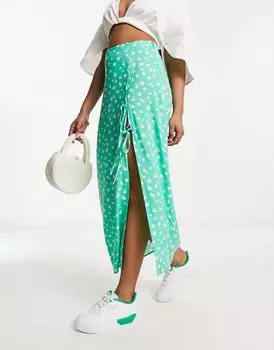 Зеленая юбка миди с разрезом на бедре и бантом ASOS DESIGN