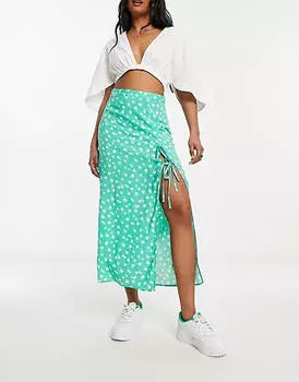 Зеленая юбка миди с разрезом на бедре и бантом ASOS DESIGN