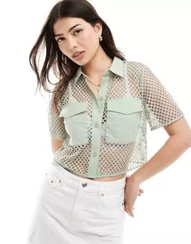 Зеленая укороченная рубашка в сетку ASOS DESIGN