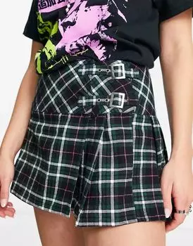 Зеленая укороченная юбка в шотландскую клетку с пряжками ASOS