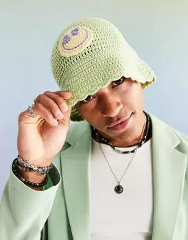 Зеленая вязаная панама со смайликом ASOS DESIGN