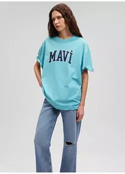 Зеленая женская футболка с круглым вырезом M1600843-71463-СИНЯЯ ФУТБОЛКА С ПРИНТОМ Mavi, зеленый
