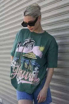 Зеленая женская футболка с круглым вырезом с принтом MG1765 MADMEXT