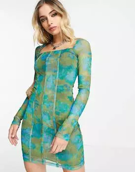 Зелено-голубое сетчатое мини-платье с длинными рукавами и цветочным принтом Topshop