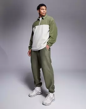Зелено-серая объемная флисовая толстовка-поло с воротником для регби ASOS DESIGN