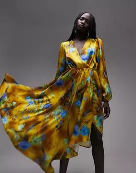 Зелено-синее платье миди с запахом и цветочным принтом Topshop