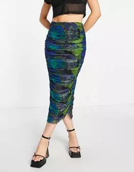 Зелено-синяя юбка миди в сеточку с рюшами и принтом Topshop