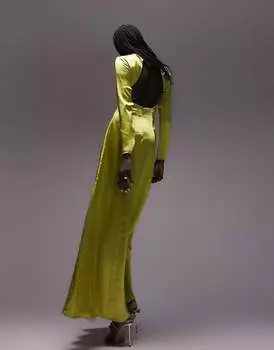 Зелено-зеленое атласное платье макси с открытой спиной и длинными рукавами Topshop