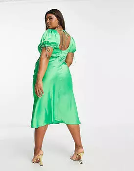 Зеленое атласное чайное платье миди с закрученной передней частью ASOS DESIGN Curve