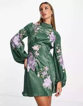 Зеленое атласное мини-платье с цветочной вышивкой ASOS