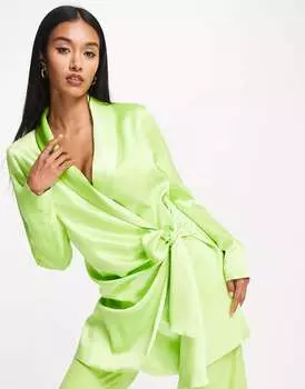 Зеленое атласное платье-блейзер с поясом River Island