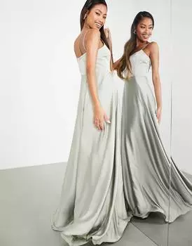 Зеленое атласное платье макси на бретелях с пышной юбкой ASOS EDITION