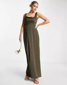 Зеленое атласное платье макси с квадратным вырезом и капюшоном ASOS DESIGN Bridesmaid