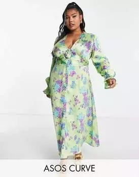 Зеленое атласное платье миди на пуговицах ASOS DESIGN Curve