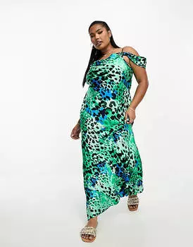 Зеленое атласное платье миди River Island Plus с воротником-хомутом и драпированными рукавами