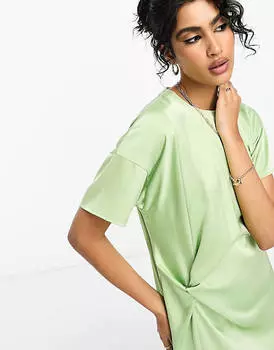 Зеленое атласное платье миди с узлом River Island