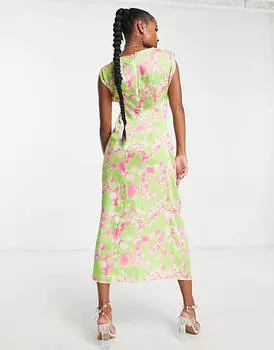Зеленое атласное платье миди со сборками и пуговицами по бокам ASOS DESIGN Petite