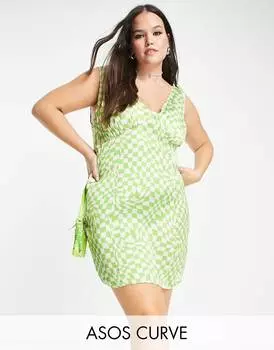 Зеленое атласное платье мини с пуговицами сбоку ASOS DESIGN Curve с принтом в шахматную клетку