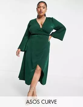 Зеленое атласное платье с запахом и завязками на талии ASOS DESIGN Curve