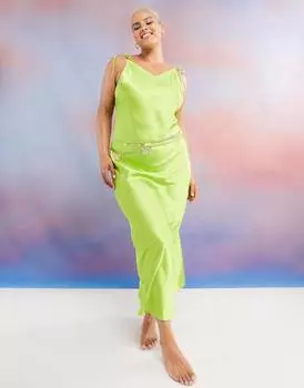 Зеленое атласное пляжное платье макси с комбинацией на бретелях ASOS DESIGN Curve