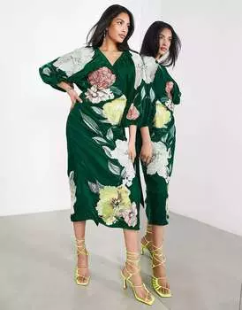 Зеленое бархатное платье миди с запахом и крупной цветочной вышивкой ASOS