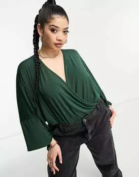 Зеленое боди с запахом и рукавами-ангелами ASOS DESIGN Curve