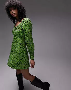 Зеленое чайное платье с длинными рукавами и цветочным принтом Topshop