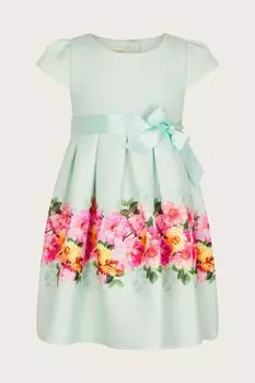 Зеленое детское платье из ткани акваланга с цветочным принтом по краю Monsoon, зеленый