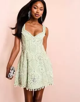 Зеленое хлопковое платье мини в клетку с украшением ASOS LUXE