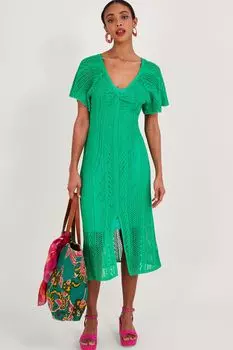 Зеленое хлопковое платье Pointelle с экологически чистой строчкой и рукавами-ангелами Monsoon, зеленый