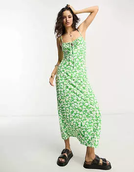 Зеленое и белое платье миди со сборками и бюстом ASOS DESIGN